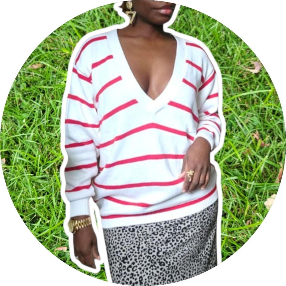 Vtg Liz Sport Red and White Striped V-Neck Sweater
